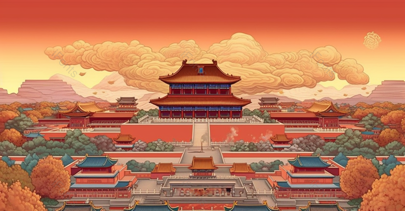 庄严祥云红色渐变大气国潮风插画故宫远山祥云,插画/手绘图,插画/手绘图库,插画/手绘图下载,插画/手绘